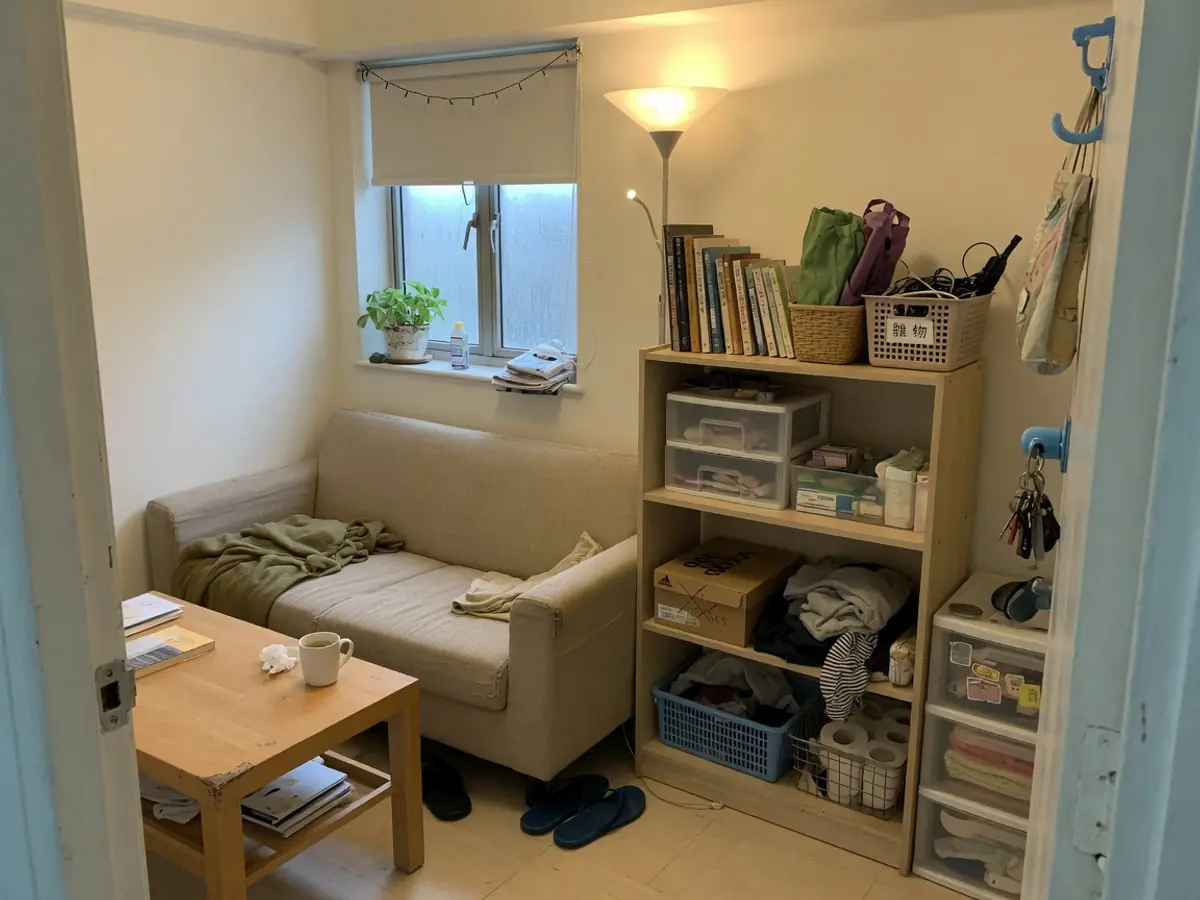 從門口看小型家居客廳，日常用品按用途放在層架及收納籃