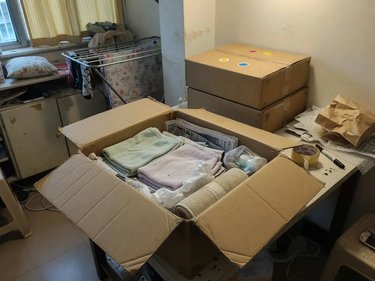 近看入箱中的毛巾及日用品，以紙材分隔並按用途整理