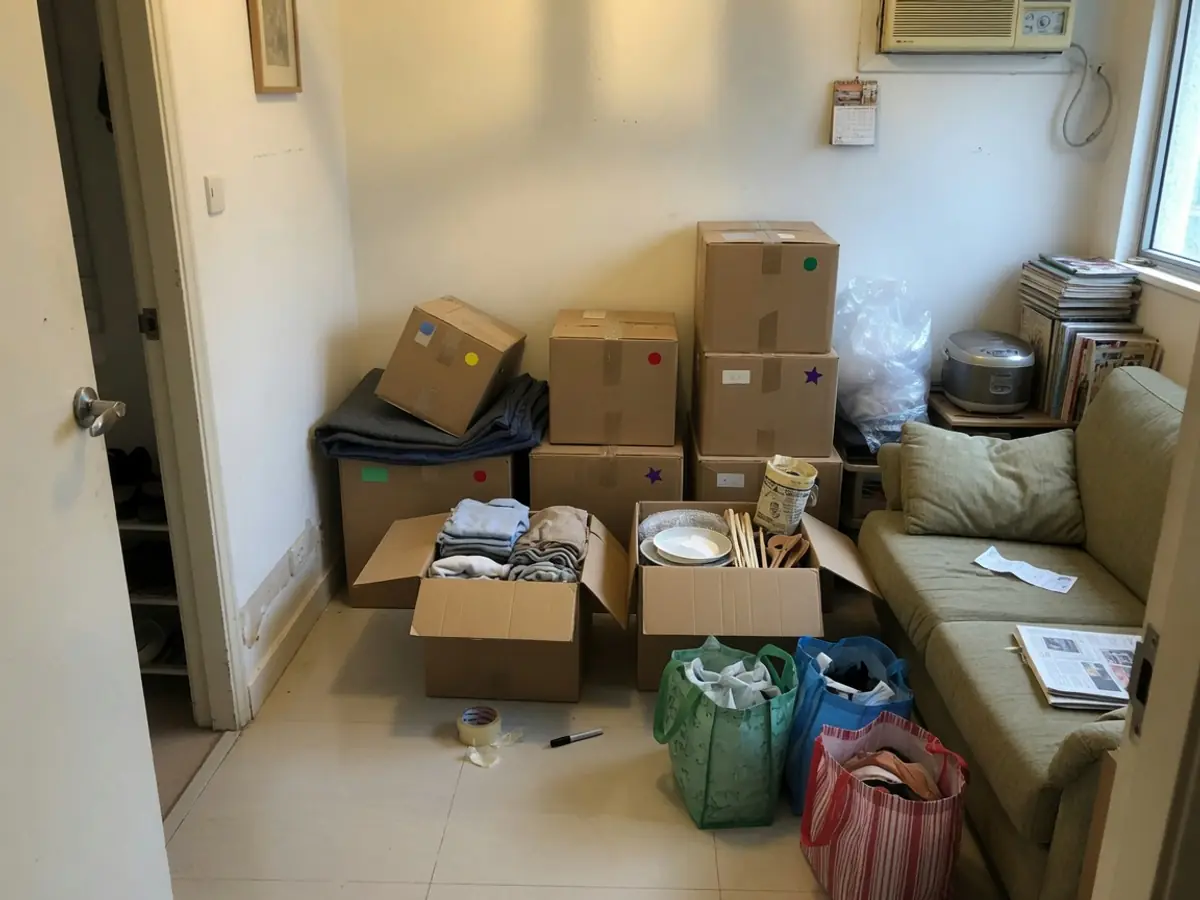從門口看搬屋前的客廳，紙箱按用途分組並加上顏色標記